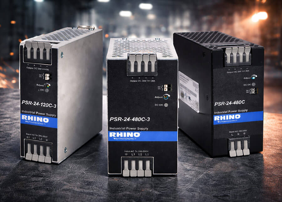 AutomationDirect has added RHINO PSR series power supplies with tool‑free spring clamp terminals provide secure, vibration‑resistant connections that never need retorquing, delivering long‑term reliability in industrial panels.