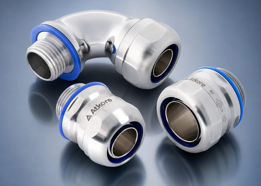 AutomationDirect has added Atkore stainless steel hygienic straight and 90° connectors that are designed to create secure, liquid-tight connections between hygienic flex conduit and metal enclosures in sanitary environments such as food and beverage or pharmaceutical facilities.