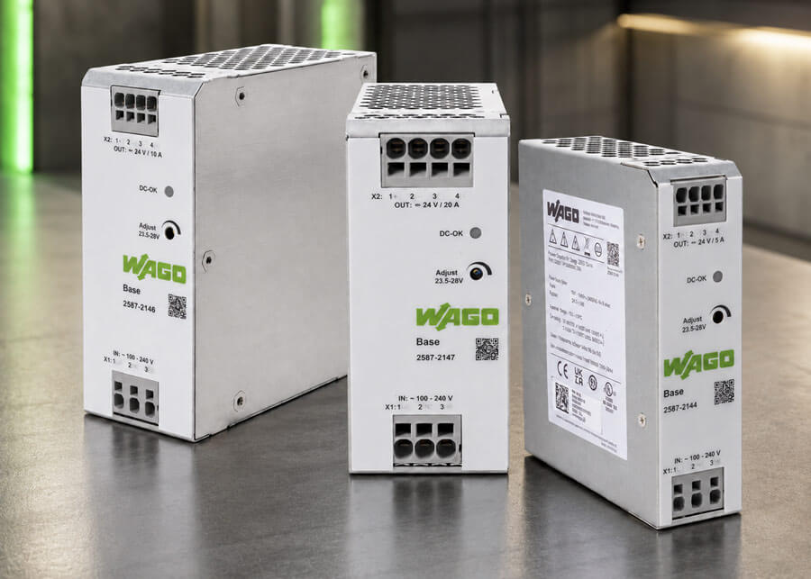 AutomationDirect now provides WAGO Base series single-phase switching power supplies, which have a small form factor with regulated DC outputs, delivering low-cost, safe, and dependable power that is excellent for space-constrained applications.
